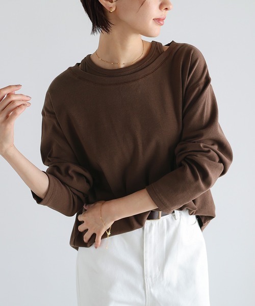 セール】テレコリブレイヤード長袖トップス（Tシャツ/カットソー