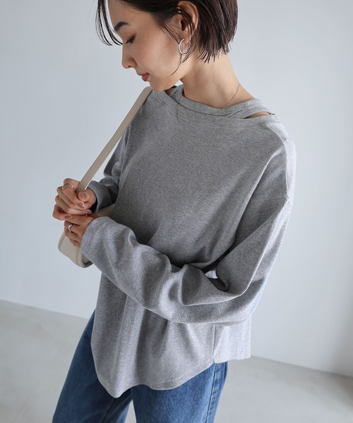 セール】テレコリブレイヤード長袖トップス（Tシャツ/カットソー