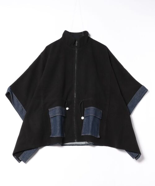 HOT】デニム×キルティング 調節ゴム ポケット付きポンチョ（ポンチョ