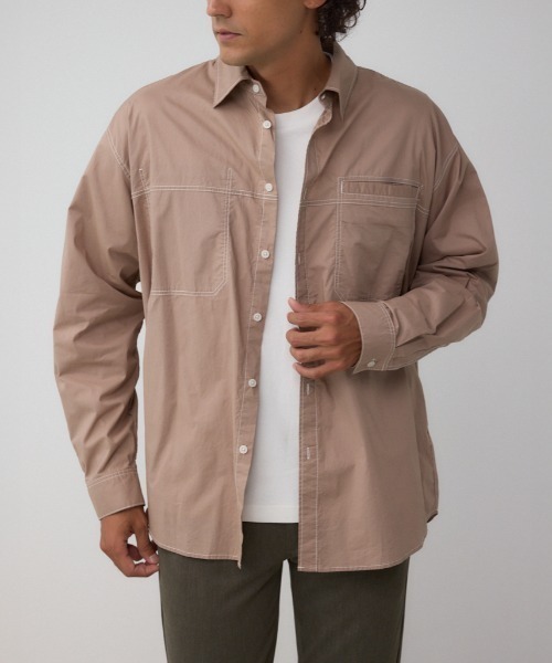 AZUL by moussy(アズールバイマウジー)の「配色ステッチ長袖シャツ(シャツ/ブラウス・メンズ・ベージュ/ライトグレー/ブラック・MEDIUM/LARGE)」の1枚目の写真