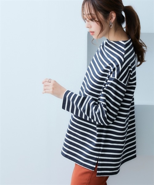 nissen(ニッセン)の「綿100%バスクボトルネックプルオーバー(UVカット)<大きいサイズ有>(Tシャツ/カットソー・レディース・オフホワイト/ブラック/ホワイト×ブラック/ネイビー×ホワイト/カーキ・S~M/L~LL)」の5枚目の写真
