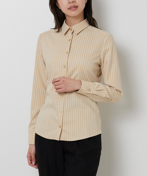 NARACAMICIE（ナラカミーチェ）の「【NARACAMICIE】ストレッチストライプ長袖シャツ（シャツ/ブラウス・レディース・ホワイト/ブラウン・M/L）」の2枚目の写真