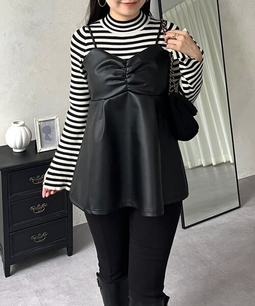 セール】フロントシャーリングペプラムレザービスチェ（キャミソール
