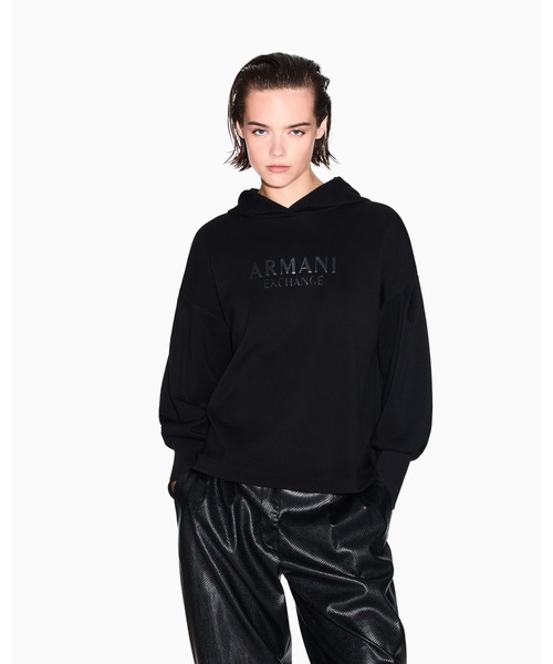 ARMANI EXCHANGE(アルマーニエクスチェンジ)の「【A|X アルマーニ エクスチェンジ】AXロゴ リブポイント フーデッドスウェットプルオーバー(スウェット・レディース・ブラック/ダークグリーン・LARGE/MEDIUM/SMALL/X-LARGE/X-SMALL)」の1枚目の写真