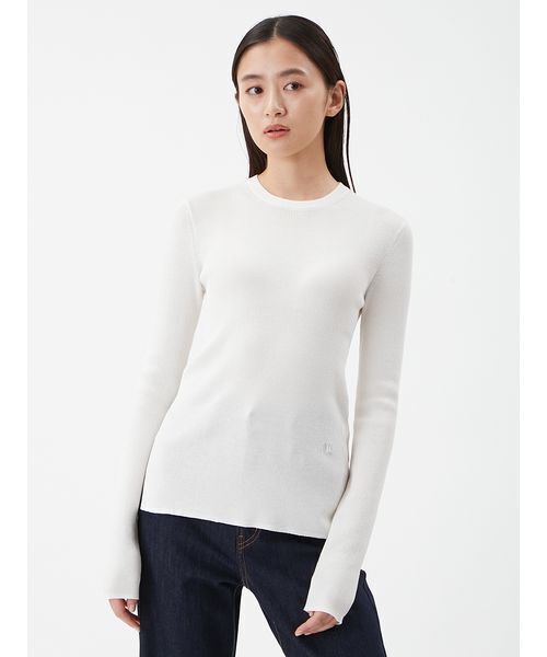 Mila Owen（ミラオーウェン）の「シアーラメクルーネックリブニット（ニット/セーター・レディース・ホワイト/ピンク/ミント/ベージュ/その他・0/1）」の2枚目の写真