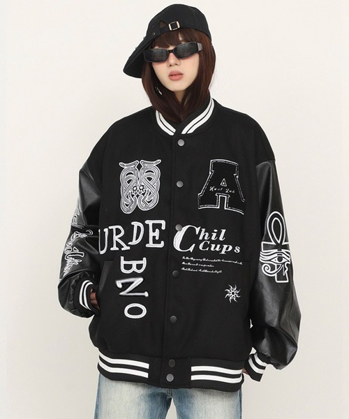 刺繍入り黒ジャンパー Mサイズ Ressaca（レサーカ）の「オーバーサイズサガラ刺繍スタジャン PUレザー