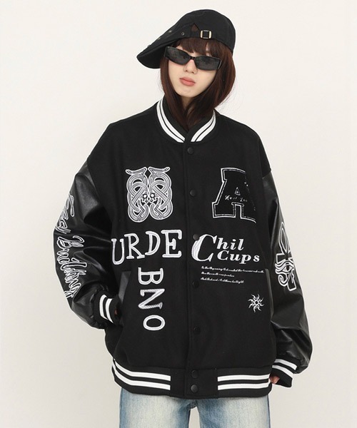 超希少【XL】【FR2✖HUF】 【パイルロゴ】 スタジャン　袖レザー　ブラック 超希少【XL】【FR2✖HUF】 【パイルロゴ】 スタジャン 袖レザー