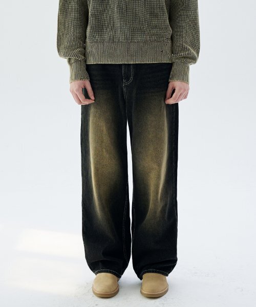 TRILLION(トリリオン)の「フロントウォッシュワイドデニムパンツ(YELLOW BLACK)(デニムパンツ・レディース・その他・SMALL/MEDIUM/LARGE/X-LARGE)」の1枚目の写真