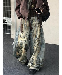 Bling Leads（ブリングリーズ）の「【Bls】【Bling Leads】ダメージ加工プリントバレルレッグデニムパンツ（デニムパンツ）」