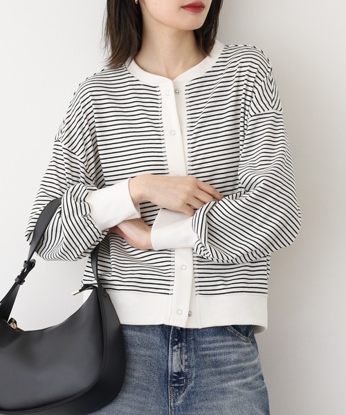 OMNES（オムネス）の「リブボリューム袖カーディガン長袖（カーディガン/ボレロ・レディース・ラベンダー/アイボリー/ホワイト×ブラック・FREE）」の9枚目の写真