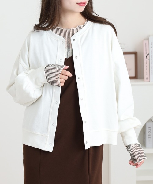 OMNES（オムネス）の「リブボリューム袖カーディガン長袖（カーディガン/ボレロ・レディース・ラベンダー/アイボリー/ホワイト×ブラック・FREE）」の4枚目の写真