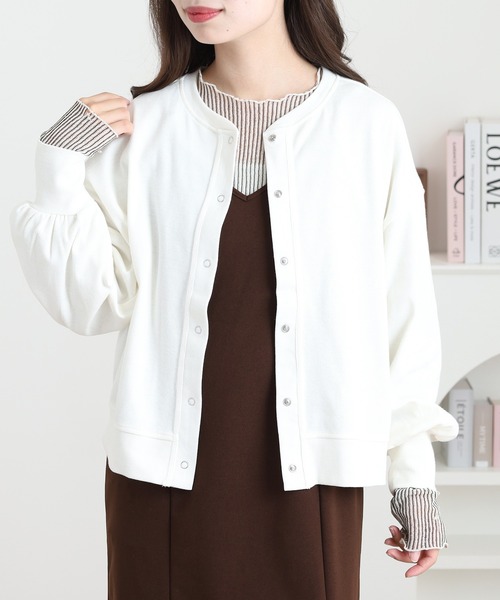 OMNES（オムネス）の「リブボリューム袖カーディガン長袖（カーディガン/ボレロ・レディース・ラベンダー/アイボリー/ホワイト×ブラック・FREE）」の6枚目の写真