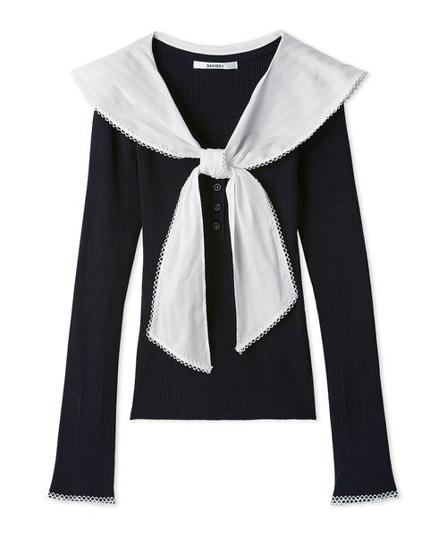 SNIDEL(スナイデル)の「Sustainableスカーフブラウスドッキングプルオーバー(ニット/セーター・レディース・グレー/アイボリー/ダークネイビー・F)」の13枚目の写真