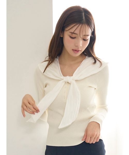 SNIDEL(スナイデル)の「Sustainableスカーフブラウスドッキングプルオーバー(ニット/セーター・レディース・グレー/アイボリー/ダークネイビー・F)」の15枚目の写真