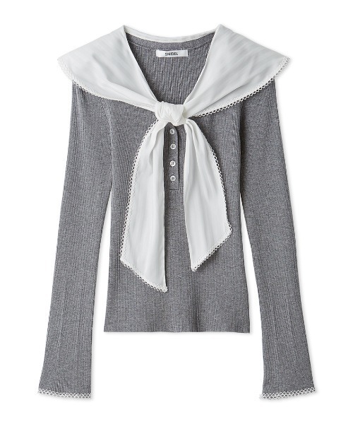 SNIDEL(スナイデル)の「Sustainableスカーフブラウスドッキングプルオーバー(ニット/セーター・レディース・グレー/アイボリー/ダークネイビー・F)」の3枚目の写真