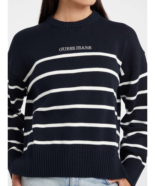GUESS JEANS（ゲスジーンズ）の「GUESS JEANS Long Sleeves Crew Neck Striped Sweater ニットトップス（ニット/セーター・レディース・ネイビー×ホワイト/ホワイト×ネイビー・X-SMALL/LARGE/MEDIUM/SMALL）」の4枚目の写真