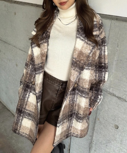 EGOIST（エゴイスト）の「チェック柄ミドル丈コート（その他アウター・レディース・ブラック/ブラウン・FREE）」の2枚目の写真