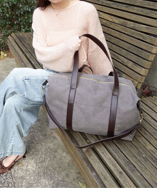 unnu（ユヌ）の「2WAYキャンバスラージレトロボストン（ボストンバッグ・レディース・ブラック/グレー/ブラウン・F）」の4枚目の写真