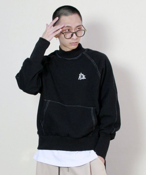 ハイネック起毛ラグランステッチスウェットブラック（スウェット