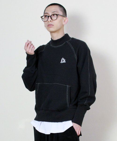スウェットブラック884RICE様 ハイネック起毛ラグランステッチスウェットブラック（スウェット