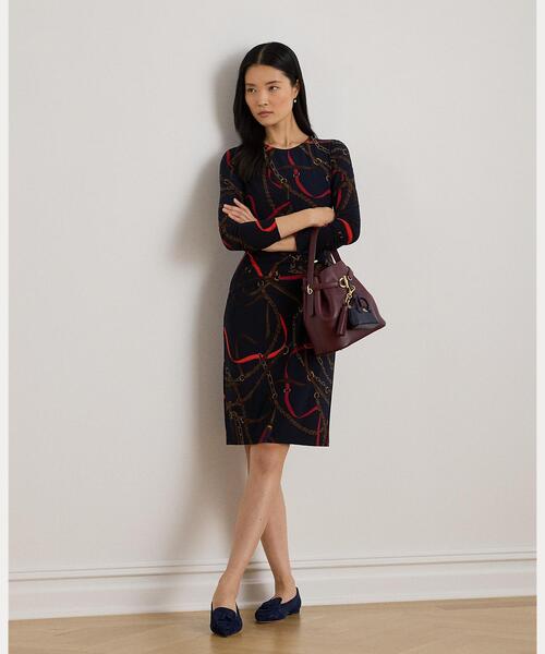 LAUREN RALPH LAUREN(ローレン ラルフ ローレン)の「プリント ジャージー スリークォータースリーブ ドレス(ワンピース・レディース・ネイビー系1・0/2)」の1枚目の写真