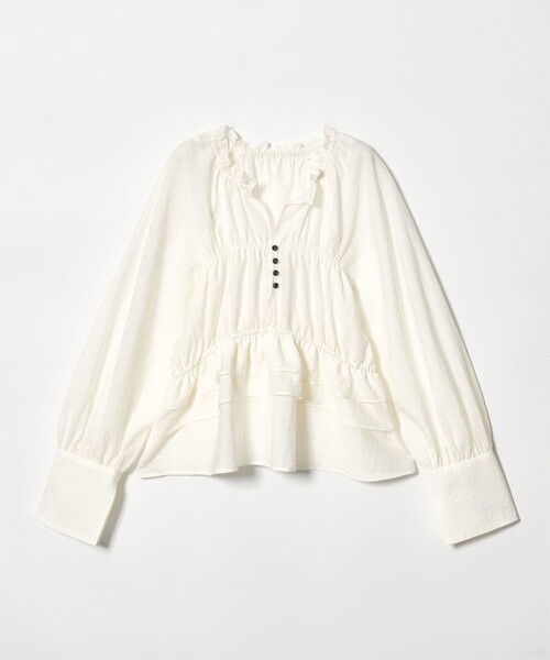 EMMEL REFINES(エメルリファインズ)の「<EMMEL REFINES>EM フリルギャザー キーネック ブラウス(シャツ/ブラウス・レディース・オフホワイト/ライトブルー/ライム・FREE)」の2枚目の写真