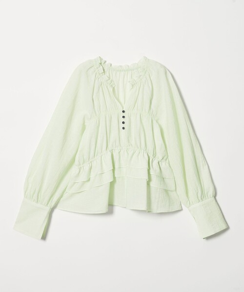 EMMEL REFINES(エメルリファインズ)の「<EMMEL REFINES>EM フリルギャザー キーネック ブラウス(シャツ/ブラウス・レディース・オフホワイト/ライトブルー/ライム・FREE)」の1枚目の写真