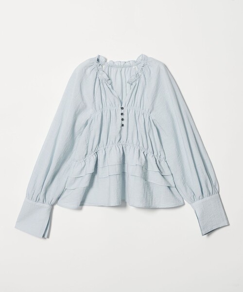 EMMEL REFINES(エメルリファインズ)の「<EMMEL REFINES>EM フリルギャザー キーネック ブラウス(シャツ/ブラウス・レディース・オフホワイト/ライトブルー/ライム・FREE)」の3枚目の写真