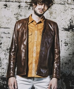セール】【NO ID.】Cow Leather V Neck Single Riders Jacket / カウ