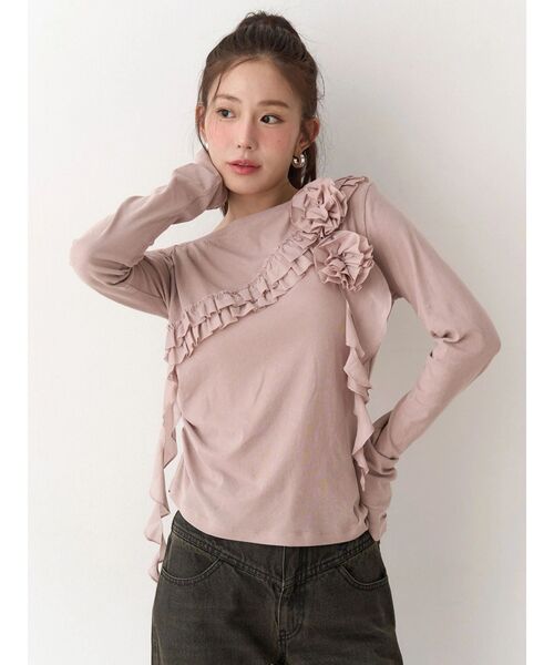 CALNAMUR(カルナムール)の「コサージュフリルオフショルトップス(Tシャツ/カットソー・レディース・チャコールグレー/ホワイト/ピンク・FREE)」の1枚目の写真