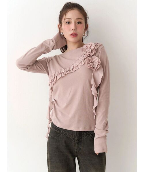 CALNAMUR(カルナムール)の「コサージュフリルオフショルトップス(Tシャツ/カットソー・レディース・チャコールグレー/ホワイト/ピンク・FREE)」の21枚目の写真