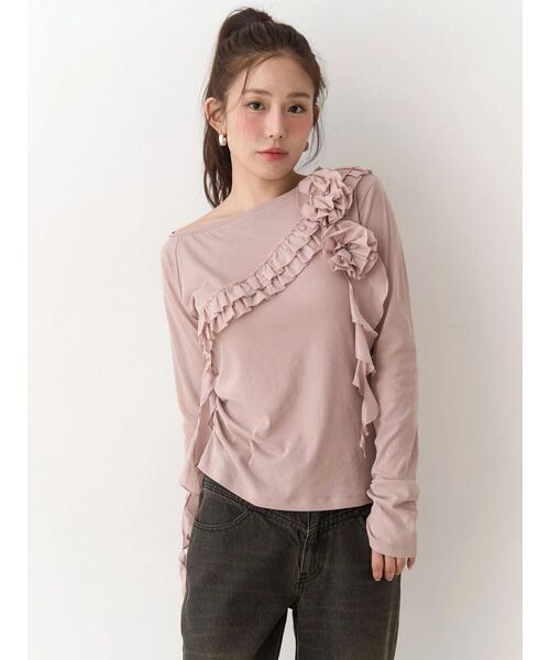 CALNAMUR(カルナムール)の「コサージュフリルオフショルトップス(Tシャツ/カットソー・レディース・チャコールグレー/ホワイト/ピンク・FREE)」の22枚目の写真