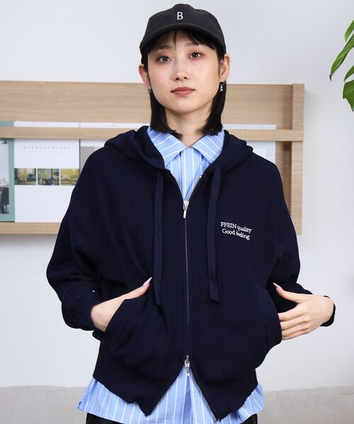FOXEY 半袖パーカー ネイビー パイピング フード 38 サマーニット M FOXEY 半袖パーカー ネイビー パイピング フード 38 サマーニット M