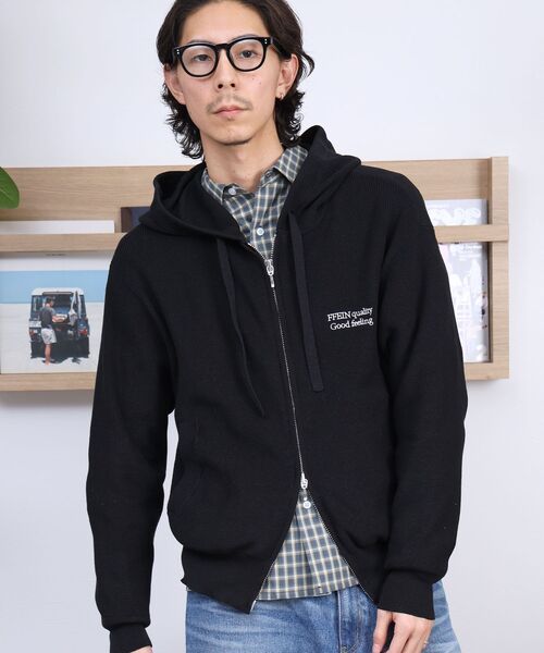 FFEIN(フェイン)の「【FFEIN(フェイン)】ワンポイント刺繍フード短丈ニットPK / ジップパーカー ダブルジップ ニット フーディ 刺繍 【短丈】(パーカー・メンズ・カーキ/ブラウン/ブラック/ネイビー/グレー・MEDIUM/LARGE/SMALL)」の10枚目の写真