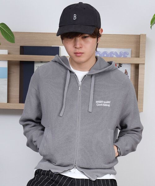 FFEIN(フェイン)の「【FFEIN(フェイン)】ワンポイント刺繍フード短丈ニットPK / ジップパーカー ダブルジップ ニット フーディ 刺繍 【短丈】(パーカー・メンズ・カーキ/ブラウン/ブラック/ネイビー/グレー・MEDIUM/LARGE/SMALL)」の11枚目の写真