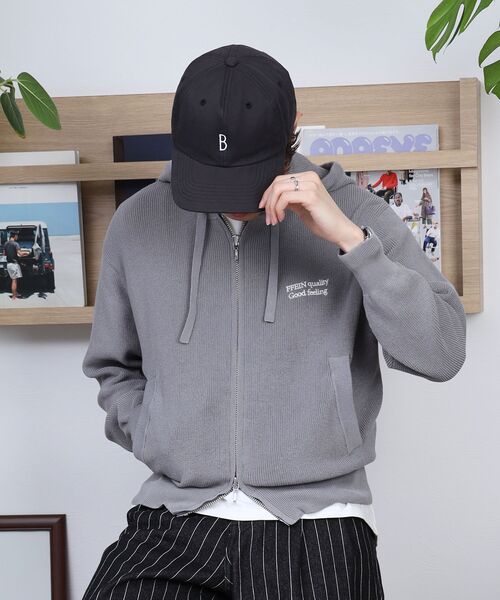 FFEIN(フェイン)の「【FFEIN(フェイン)】ワンポイント刺繍フード短丈ニットPK / ジップパーカー ダブルジップ ニット フーディ 刺繍 【短丈】(パーカー・メンズ・カーキ/ブラウン/ブラック/ネイビー/グレー・MEDIUM/LARGE/SMALL)」の12枚目の写真