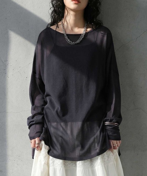 antiqua(アンティカ)の「クルーネック シアー ロンT(Tシャツ/カットソー・レディース・ブラック/ブラウン系その他/ブルー/ダークグレー/ベージュ/ホワイト/ライム/ピンク・ONESIZE)」の4枚目の写真
