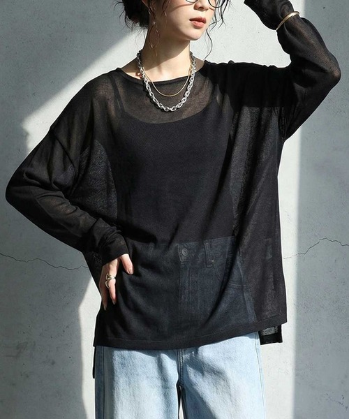 antiqua(アンティカ)の「クルーネック シアー ロンT(Tシャツ/カットソー・レディース・ブラック/ブラウン系その他/ブルー/ダークグレー/ベージュ/ホワイト/ライム/ピンク・ONESIZE)」の3枚目の写真
