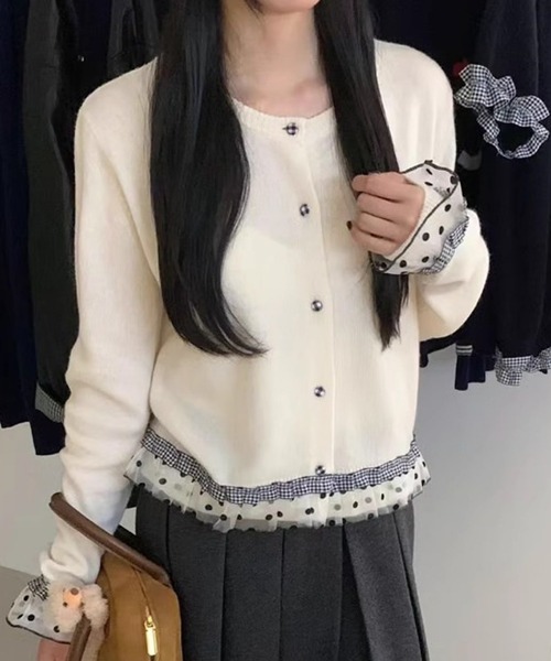 おしゃれスタ（オシャレスタ）の「ドットフリル デザインカーディガン（カーディガン/ボレロ・レディース・グレー/ホワイト/ネイビー・FREE）」の4枚目の写真