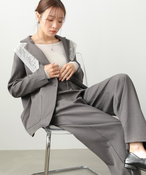 Bab(バブ)の「【セットアップ】ゆるシルエットテーラードジャケット+ウエストゴムストレートシルエットパンツ(テーラードジャケット・レディース・グレー/ブラック/モカ・FREE)」の3枚目の写真