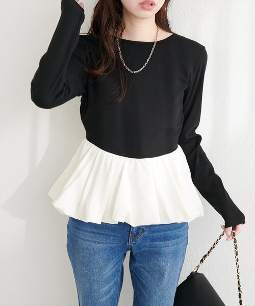 natural couture(ナチュラルクチュール)の「バルーンリブプルオーバー(Tシャツ/カットソー・レディース・ブラック/サックスブルー/ネイビー/オフホワイト・FREE)」の1枚目の写真