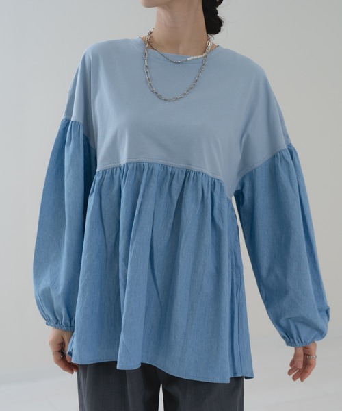 refinedworks(リファインドワークス)の「【refinedworks】異素材ドッキング デニムプルオーバー(Tシャツ/カットソー・レディース・ネイビー/ブルー・FREE)」の3枚目の写真