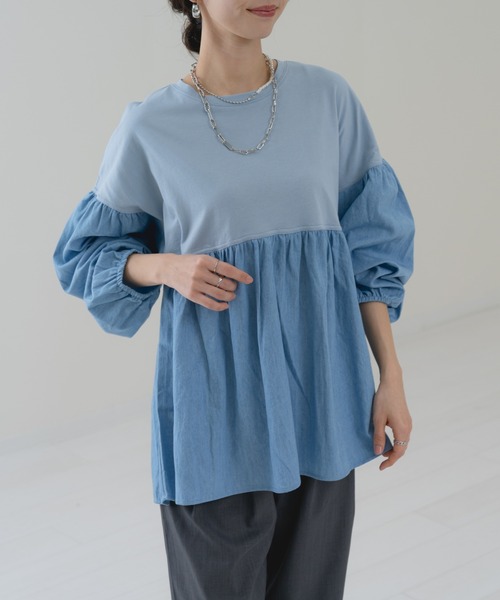 refinedworks(リファインドワークス)の「【refinedworks】異素材ドッキング デニムプルオーバー(Tシャツ/カットソー・レディース・ネイビー/ブルー・FREE)」の4枚目の写真