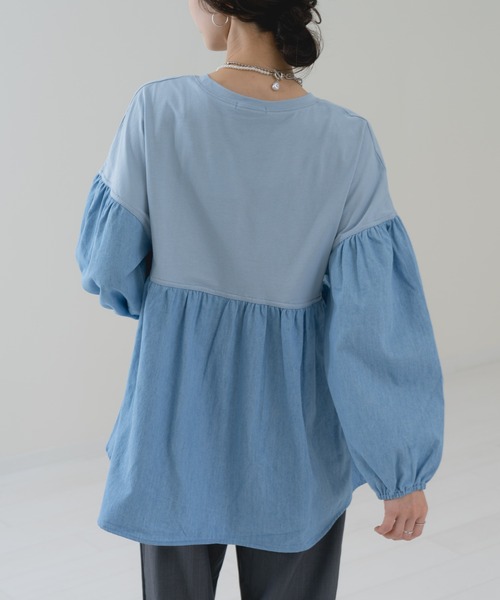 refinedworks(リファインドワークス)の「【refinedworks】異素材ドッキング デニムプルオーバー(Tシャツ/カットソー・レディース・ネイビー/ブルー・FREE)」の6枚目の写真