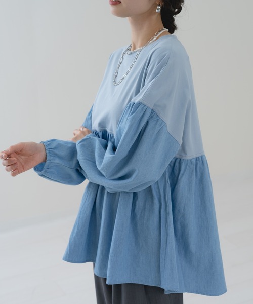 refinedworks(リファインドワークス)の「【refinedworks】異素材ドッキング デニムプルオーバー(Tシャツ/カットソー・レディース・ネイビー/ブルー・FREE)」の7枚目の写真