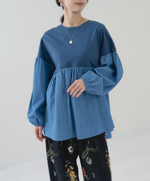 refinedworks(リファインドワークス)の「【refinedworks】異素材ドッキング デニムプルオーバー(Tシャツ/カットソー・レディース・ネイビー/ブルー・FREE)」の8枚目の写真