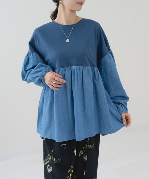 refinedworks(リファインドワークス)の「【refinedworks】異素材ドッキング デニムプルオーバー(Tシャツ/カットソー・レディース・ネイビー/ブルー・FREE)」の9枚目の写真