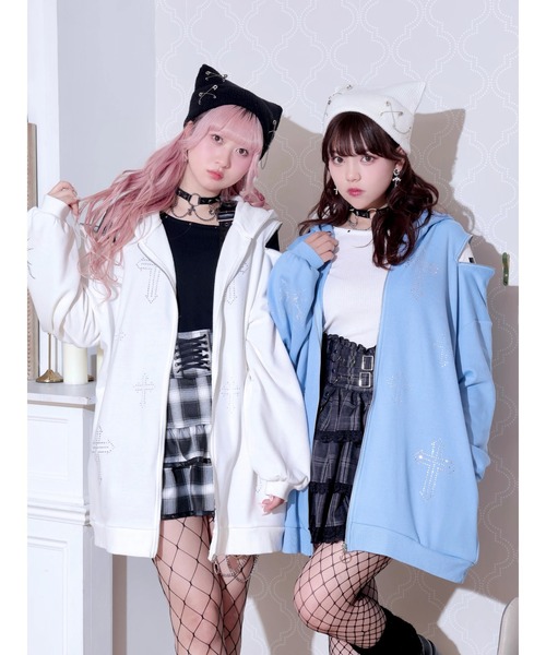 NOEMIE(ノエミー)の「クロスラインストーンユニセックスZIP裏毛パーカー(パーカー・レディース・ブラック/サックスブルー/オフホワイト・M)」の4枚目の写真