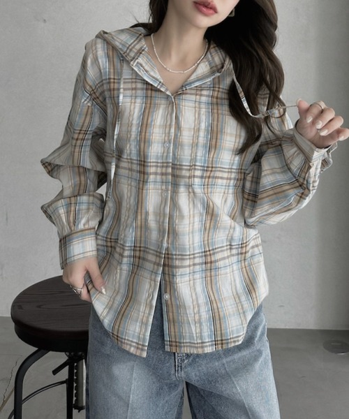 TREOVER（トレオーバー）の「1枚で着映えするフーディチェックシャツ（シャツ/ブラウス・レディース・ピンク/ブラウン/ブルー/オフホワイト・FREE）」の13枚目の写真