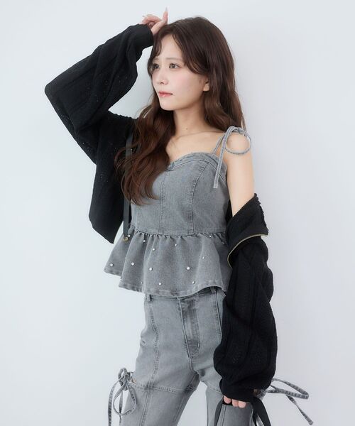 MAJESTIC LEGON（マジェスティックレゴン）の「透かし柄ショートニットパーカー（パーカー・レディース・ブラック/ピンク/アイボリー・MEDIUM）」の2枚目の写真